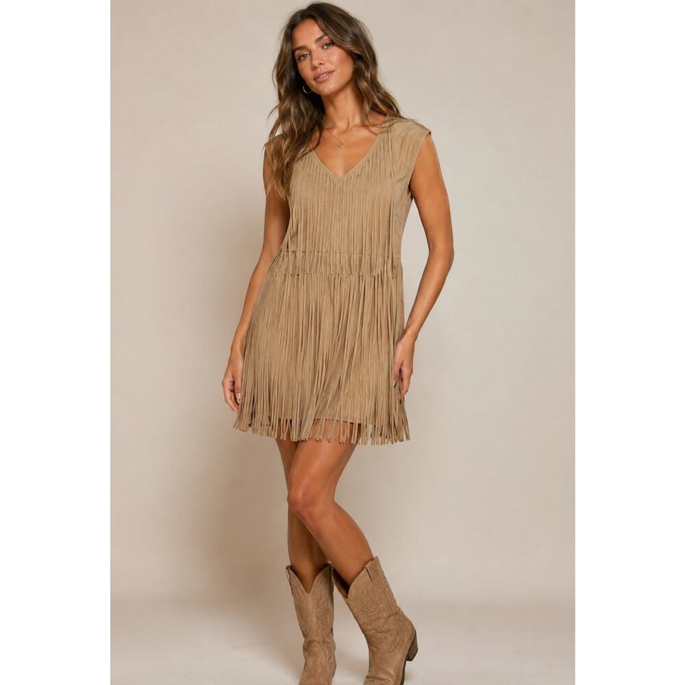Vocal Shake It Up Suede Fringe Dress Camel Tan XL Country Chic Western Rodeo